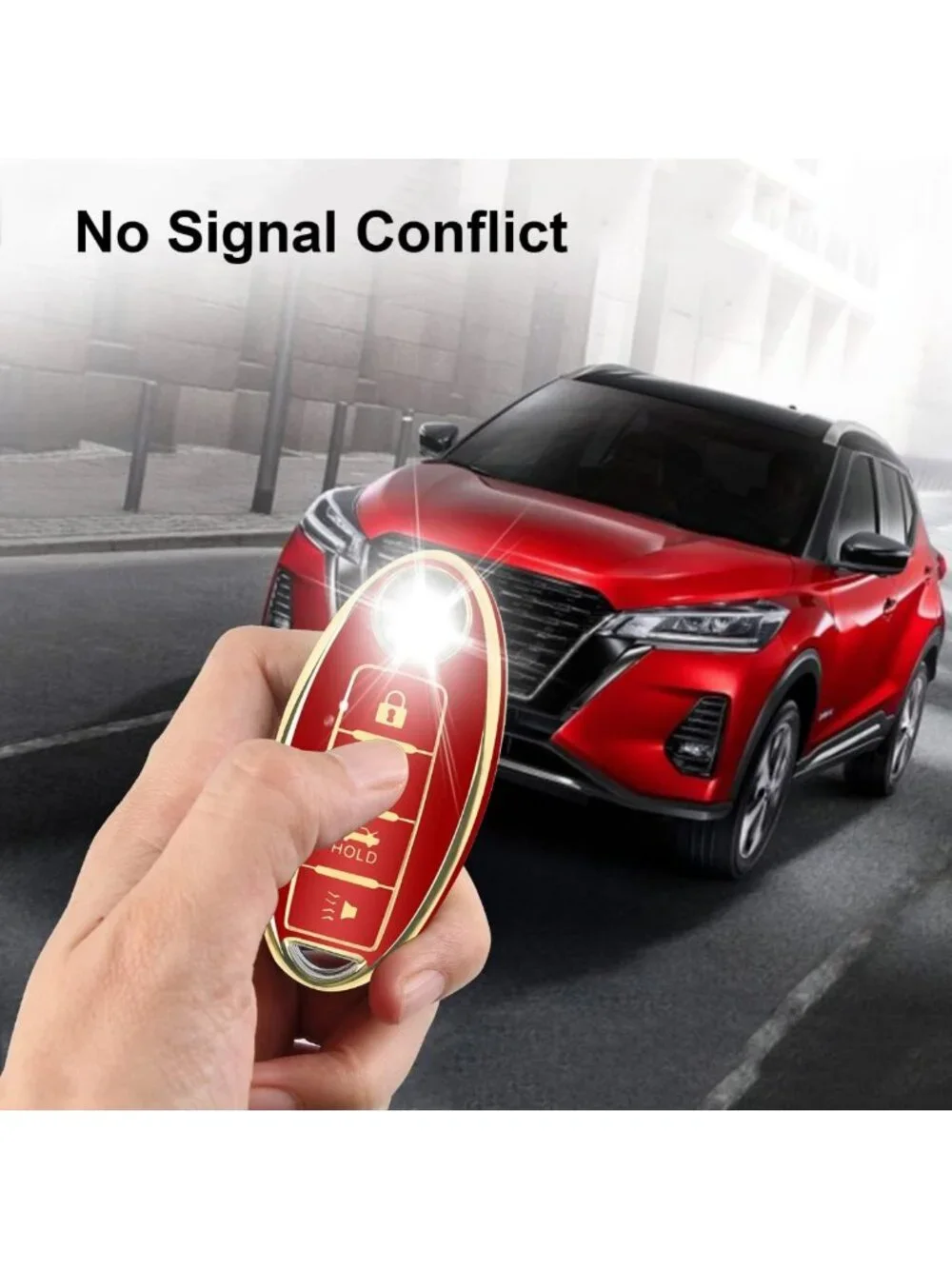 Stylish Red 4 Button Key Fob Cover - Soft TPU Key Case with Leather Keychain